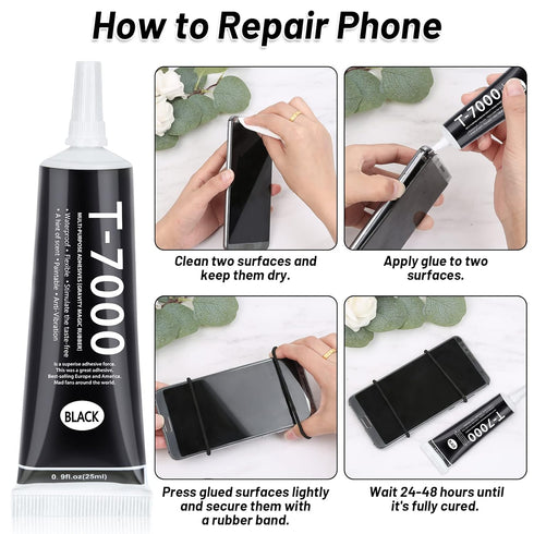 T7000 Black Glue for Phone Repair, 2 X 25 ML Semi Fluid Craft Glue T-7000 Adhesive Glue with Precision Tips for Fabric, Leather, Rubber Cement, To...