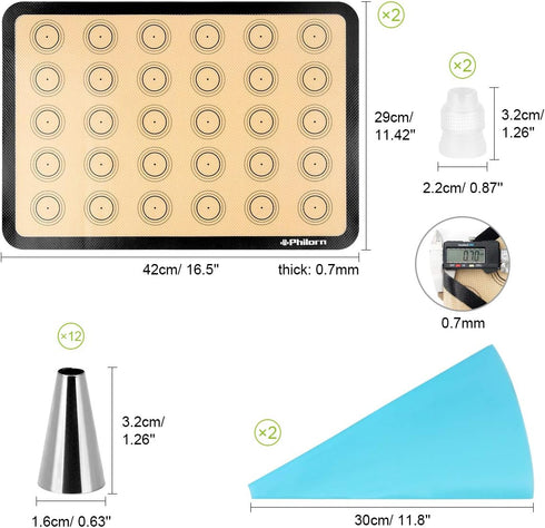 PHILORN Silicone Baking Mat Set, 16.5" x 11.42" Macaron Baking Mat, Non-Stick Baking Mat with Baking Tools, 2 Pack Food Safe Baking Silicone Mat, ...