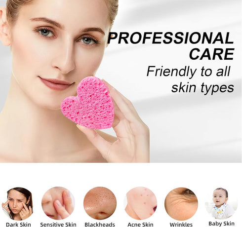 Women 60-Count Compressed Cellulose Heart Shape Face Facial Sponges 100% Natural Cosmetic Sponges for Facial Cleansing Exfoliating Mask Skin Massa...