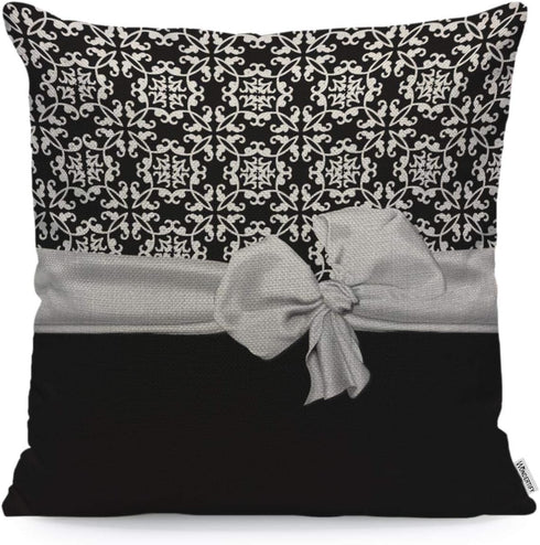 WONDERTIFY Throw Pillow Case Cover Stylish Black and White Euro Flower Pattern with Bow Soft Linen Pillow Case for Decorative Bedroom/Livingroom/S...