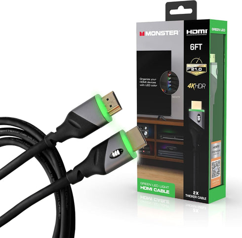 Monster 6ft High Speed 4K HDR HDMI Cable with Built-in Green LED Light, Gaming Video and Computer Cable...