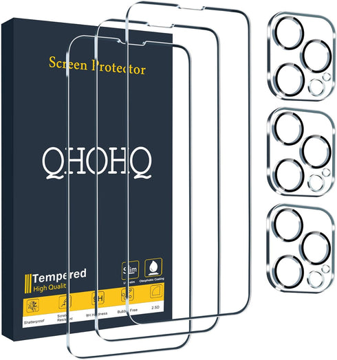QHOHQ 3 Pack Screen Protector for iPhone 13 Pro 6.1 Inch with 3 Pack Tempered Glass Camera Lens Protector, Ultra HD, 9H Hardness, Scratch Resistan...