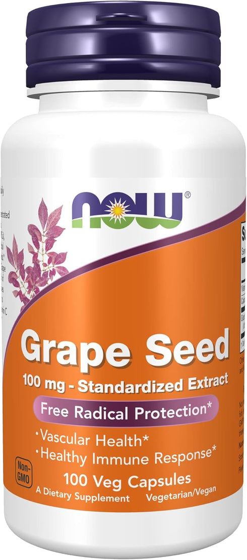 NOW Supplements, Grape Seed 100 mg - Standardized Extract, Highly Concentrated Extract with a Minimum of 90% Polyphenols, with Vitamin C, 100 Veg ...