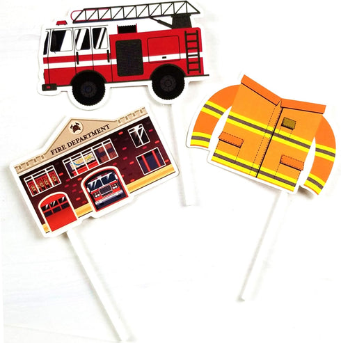 24 Pack Fireman Firefighter Cupcake Toppers Fire Truck Cupcake Toppers Fire Extinguishing Cupcake Toppers for Kids Adults Birthday Baby Shower Par...