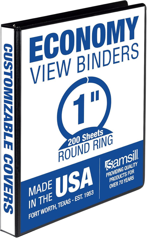 Samsill Economy 1 Inch 3 Ring Binder, Made in The USA, Round Ring Binder, Customizable Clear View Cover, Black, (18530)...