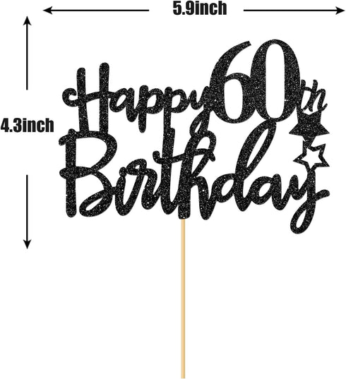 Black Glitter Happy 60th Birthday Cake Topper for Women Men, Hello 60th Anniversary, Cheers to 60 Years Party Decorations...