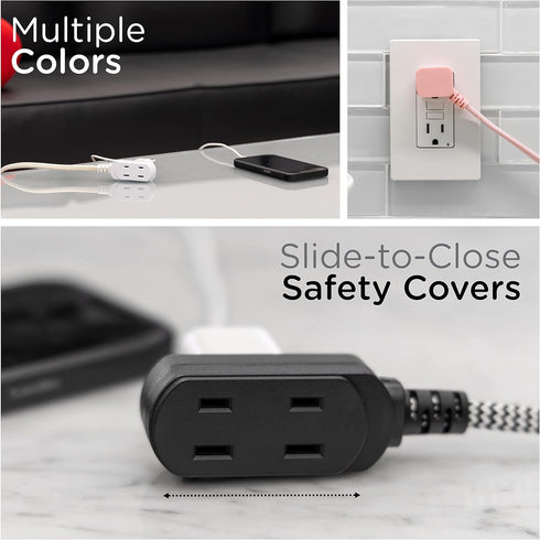 Cordinate Designer 3-Outlet Extension Cord, 2 Prong Power Strip, Extra Long 8 Ft Cable with Flat Plug, Braided Chevron Fabric Cord, Slide-to-Lock ...