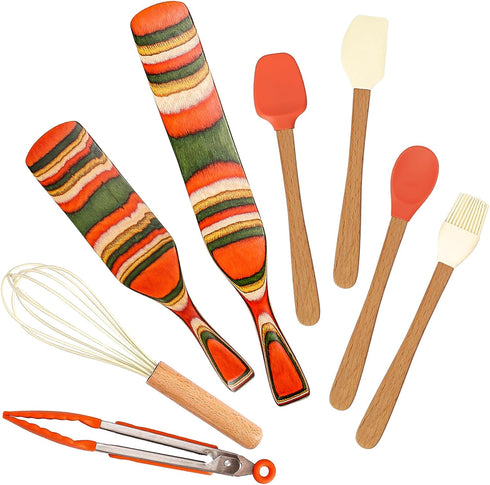 Spurtles Kitchen Tools, 8 Pcs Silicone Cooking Utensil Set,Pakkawood Spurtle Set, Silicone Kitchen Utensils Set with Natural Wooden Handle,Wooden ...