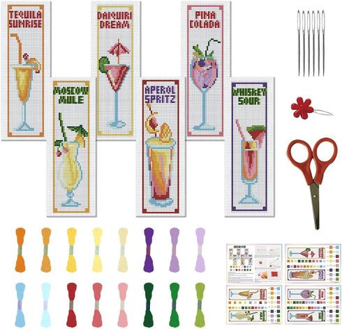 FREEBLOSS 22 * 8cm 6 Set Cross Stitch Bookmark Kits Plaid Cocktail Cross Stitch Patterns DIY Bookmarks Cross Stitch Kits Stamped Embroidery Bookma...