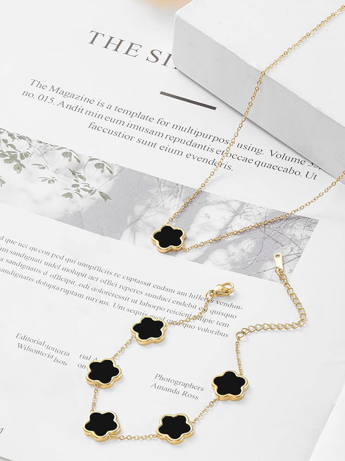 Four Leaf Clover Necklace and Bracelet Set for Women Lucky Flower 14K Gold Jewelry...