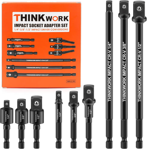 THINKWORK Impact Socket Adapter Set, 1/4" 3/8" 1/2" Drill Socket Adapter, 1/4" Hex Shank Impact Driver Socket Adapter for Cordless Drill, Impact D...