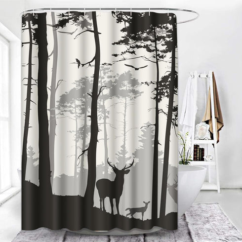 Decorative Shower Curtain Silhouette of Pine Forest Family Deer and Birds Brown 72"x78" Waterproof Tree Bathroom Shower Curtain Set with Hooks...
