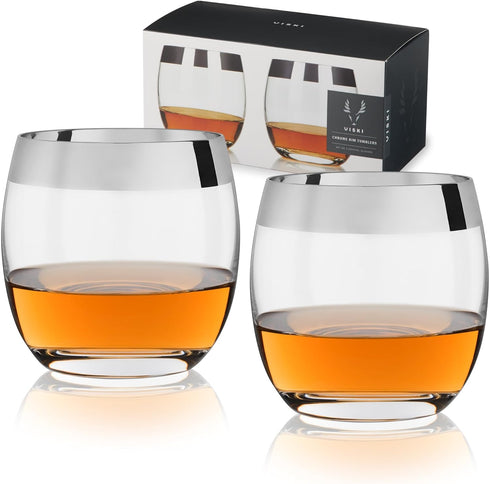 Viski Irving Chrome Rim Crystal Lowball Tumblers Set of 2 - Premium Crystal Clear Cocktail Glass Gold Rimmed Glassware, Stylish Lowball Whiskey Gl...