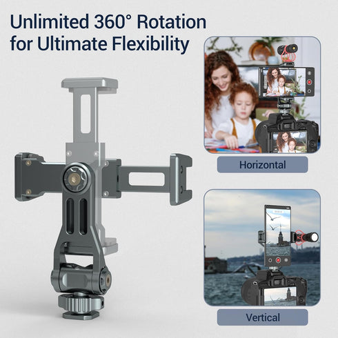 Phone Mount for Camera Hot Shoe, Aluminum Camera Hot Shoe Phone Holder with 2 Additional Cold Shoe Mounts, 360°Adjustable Phone Holder for iPhone ...