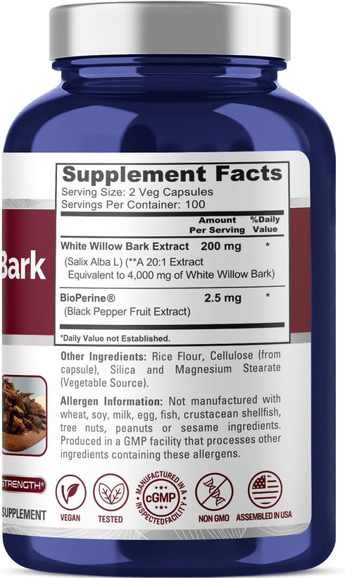 NusaPure White Willow Bark 4000mg, 200 Veggie Capsules, Max Strength, Non-GMO, Bioperine, Herb Extract...