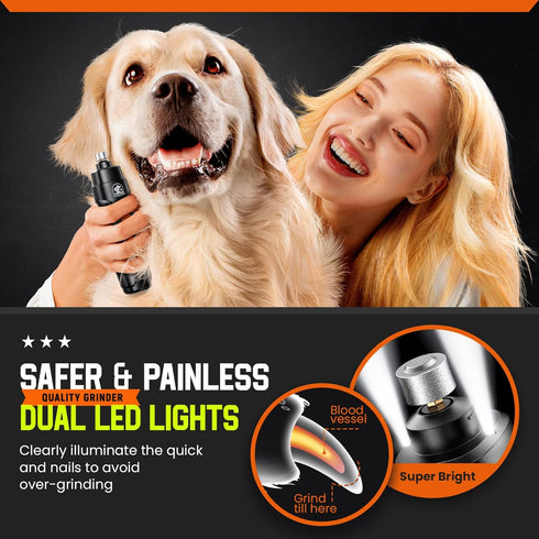 Dog Nail Grinder Upgraded Dog Nail Trimmers Clipper with 2 LED Light, 2 Speed Rechargeable Electric Pet Nail Grinder Quiet Low Noise for Small Med...