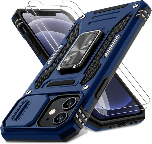 DEERLAMN for iPhone 12 Case,iPhone 12 Pro Case with Slide Camera Cover+Screen Protector(2 Packs),Rotated Ring Kickstand Military Grade Shockproof ...