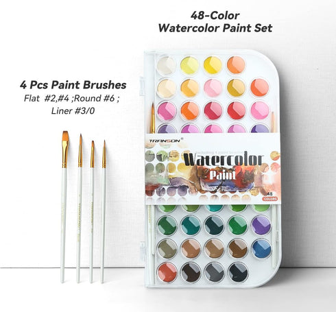 Transon 48 Colors Watercolor Paint Set with 4pcs Paint Brushes for Adults, Students, Beginners and Artists...