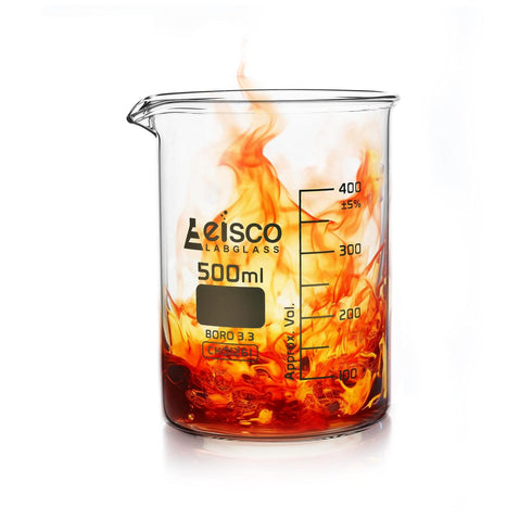 EISCO Beaker, 500ml - Low Form with Spout - White, 50ml Graduations - Borosilicate 3.3 Glass...
