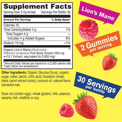 Lions Mane Gummies for Adults (2,000mg) | Lions Mane Supplement Memory and Focuse Support | Gluten Free, Non GMO | Berry Flavor | Lion's Mane Gumm...