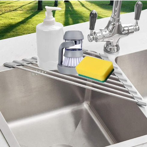 Triangle Dish Drying Rack for Sink Corner Roll Up Folding Stainless Steel Multipurpose Over The Sink Dish Drainer Mat for Kitchen (Grey)...