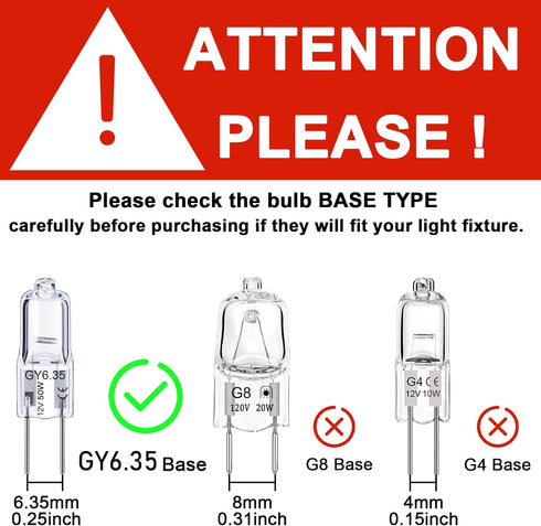 GY6.35 Halogen Bulb 50W, 12 Pack Dimmable GY6.35 Light Bulb Q50/CL/GY6/12V/T3/T4 JC Type GY6.35/G6.35 Bi-pin Base AC/DC 12V Warm White 2700K Singl...