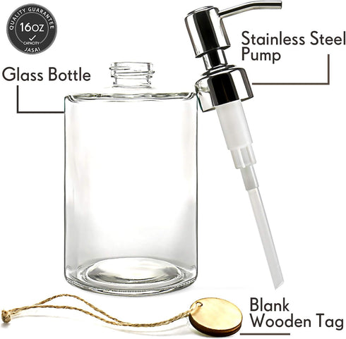 JASAI 16OZ Cylinder Glass Soap Dispenser with Rust Proof Stainless Steel Pump, Refillable Bathroom Soap Dispenser for Hand Soap, Dish Soap, Liquid...