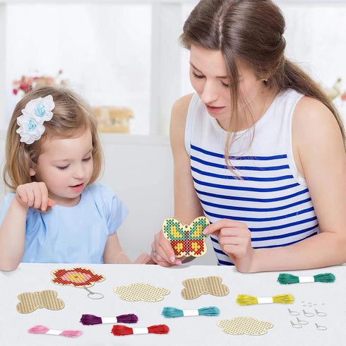 VKPI Wooden Cross Stitch Kits for Kids, Make Your Own 6 Cross Stitching Keyrings, Wood Sewing Kit, Arts & Crafts Butterfly, Flower Ornaments, Embr...