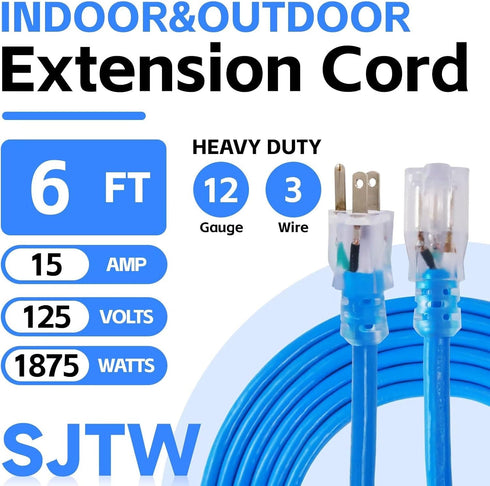 6 FT Outdoor Extension Cord with Lighted End - 12/3 Gauge Heavy Duty Extension Cord, 3 Prong Grounded Power Extension Cord, Blue, 15 AMP, SJTW...