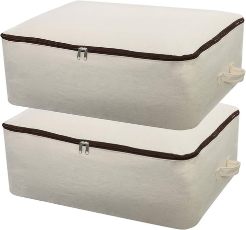 2PCS Canvas Storage Bag, 12OZ Thick Soft Breathable Closet Organizer for Beddings, Comforters, Pillows, Blankets, Clothes, 25.6×18.5×8.7inch, Beig...