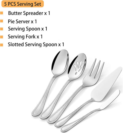 Serving Utensils, HaWare Stainless Steel Silverware Serving Set 5 Pieces, Pearled Edge Hostess Serving Set for Buffet Party Kitchen Restaurant, Mi...
