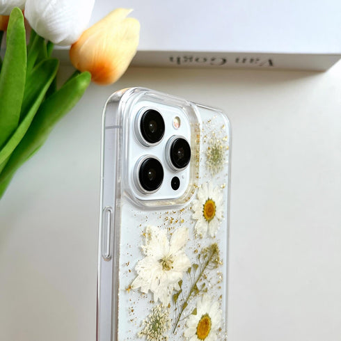 for iPhone 15 Pro Max Clear Case with Pressed Real Flowers Design,Glitter Cute White Floral Pattern Slim Soft TPU Protective Women Girl's Phone Co...