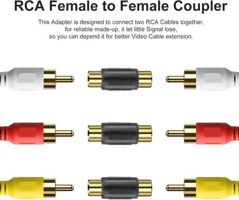 RCA Female to Female Coupler, 3 Pack Audio Video RCA Adapter Connector Gold Plated RCA Jack to Jack Converter RCA Cables Extender for Amplifier, S...