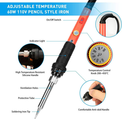 Soldering Iron Kit, 60W Soldering Iron with Ceramic Heater, 5-in-1 Adjustable Temperature Soldering Welding Iron Kit for any Hobby Enthusiast...