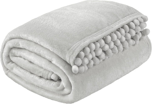 PAVILIA Fleece Throw Blanket for Couch with Pom Pom Fringe, Light Grey, Soft Cozy Fuzzy Flannel Blanket for Sofa Bed, Large Lightweight Plush All ...