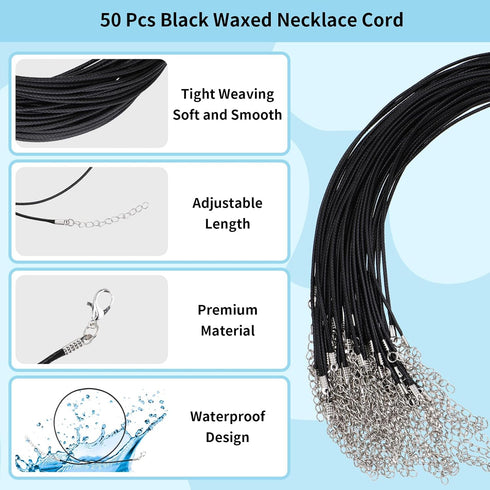 50 Pcs Black Necklace Cord Necklace String Rope with Clasp Waxed Leather Necklace Cord for Charms Pendants Jewelry Making, 18 Inch...
