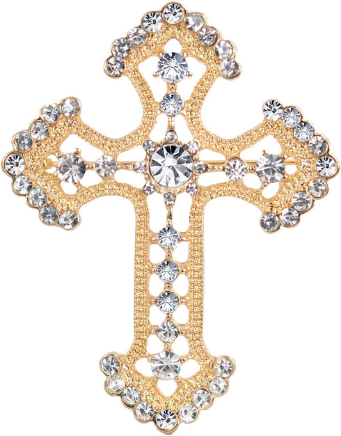 Gyn&Joy Golden Tone Clear Crystal Rhinestones Holy Cross Brooch Pin...