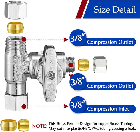 Tee Stop Valve Add-A-Tee Valve, 3/8" Compression Faucet T Adapter Connector Splitter for Dishwasher Washing Machine Toilet Supply Line(3/8x3/8x3/8...