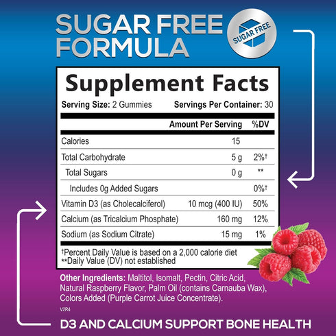 Sugar Free Calcium Gummy Bites Plus 400 IU Vitamin D3, Bone Health & Immune Support, Supports Bone Strength - Chewable Calcium Nutrition Supplemen...