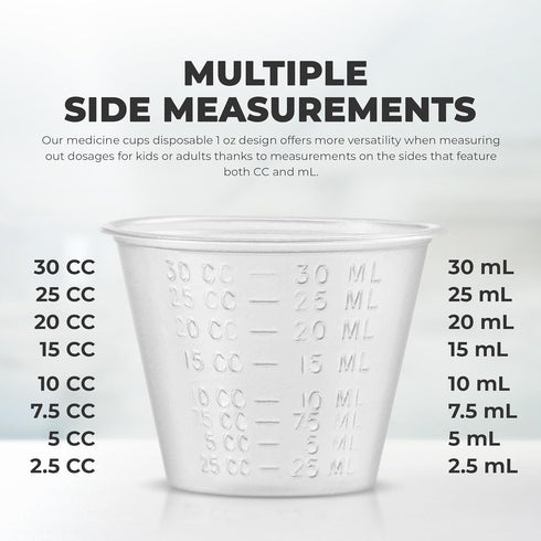 Graduated 1 oz. Plastic Medicine Cups, Detailed Liquid Measurements for Medications, Clear Containers, Disposable or Reusable, Supports Adults and...