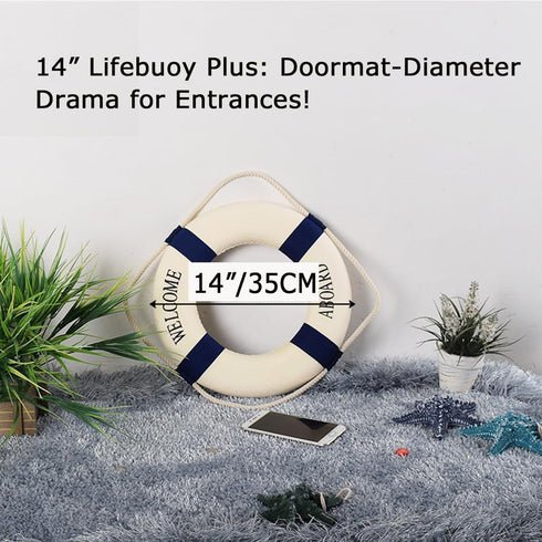 MorroMorn Lifebuoy Wall Hanging Decor - Welcome Aboard Mediterranean Style Home Decoration (Navy, 14")...