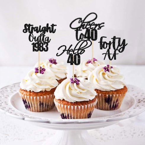 Gyufise 48 Pack Black Glitter Hello 40 Cupcake Toppers Glitter Forty Cheers to 40 Straight Outta 1983 Cupcake Picks for 40th Birthday Anniversary ...