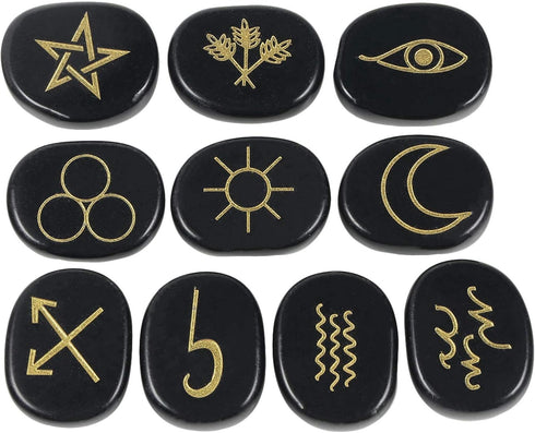 Amogeeli Black Obsidian Witch Rune Stones Set of 10pcs, Gypsy Symbol Engraved Crystal for Divination...