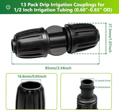 13 Pcs Drip Irrigation Fittings Coupling 1/2 Inch, In-Line Barbed Coupler Connector For 1/2 Inch Drip Tubing (0.60"-0.65" OD) Drip Line Parts...