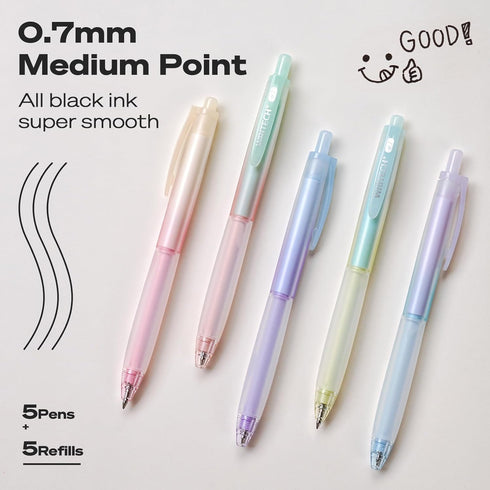 WRITECH Retractable Gel Ink Pens: 0.7mm Black-Ink Aesthetic Gradient Color Barrel Soft Grip Medium Point Pen 5ct with 5 Refills for Journaling Smo...