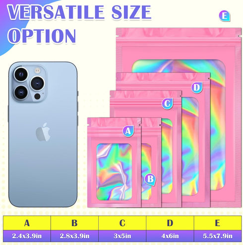 JETMORE 100 PCS Mylar Bags, Pink Holographic Bags, Smell Proof Bags, Resealable Bags for Small Business, Sealable Bags for Packaging, Foil Pouch B...