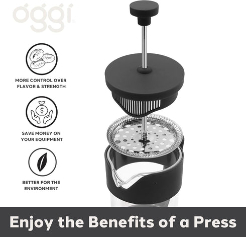 Oggi Borosilicate Glass French Press Coffee Maker (20oz)- 5 Cup Capacity, Coffee Press, Single Serve Coffee Maker, Stainless Steel Lid & Plunger, ...