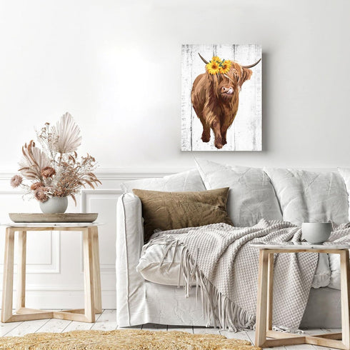 Sunflower Highland Cow Wall Art: Funny Farm Animal Canvas Picture Painting, Rustic Farmhouse Artwork Decor Bathroom Decoration, Cute Brown Cattle ...