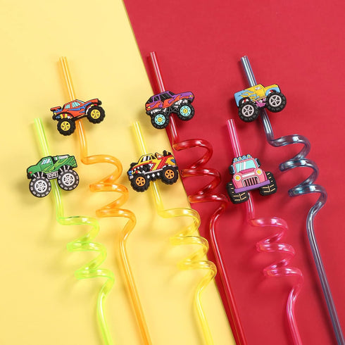 24 Monster Truck Party Favors Reusable Trucks Big Cars Plastic Straws for Monster Trucks Birthday Party Supplies with 2 Cleaning Brushes...