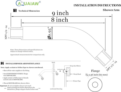 Aquaiaw Shower Arm and O-Ring Flange, 8 inch, Solid Brass, Round, Both Soldered 1/2 NPT Tapered Threads, Wall Mount Shower Arm Extension with Escu...
